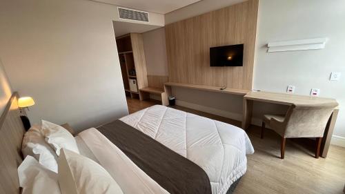 a hotel room with a bed and a desk and a television at VIE HOTEL in Sinop