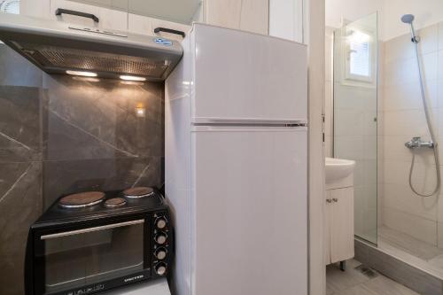 a kitchen with a refrigerator and a microwave at Stefanias apartment in Neos Marmaras