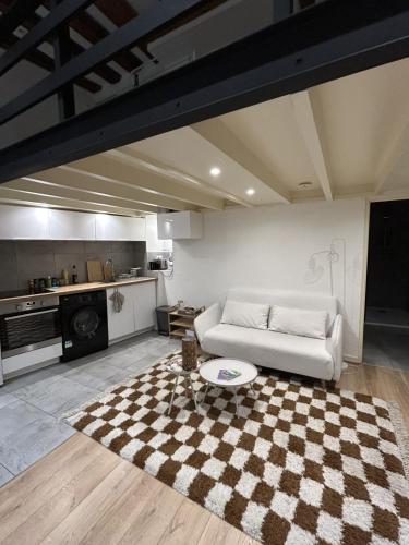 - un salon avec un canapé blanc et un tapis en damier dans l'établissement Comfortable 40 m love cocoon, à Lyon