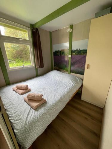 une petite chambre avec un lit avec des serviettes dessus dans l'établissement Cottage with Natural Pool, à LʼIsle-sur-la-Sorgue