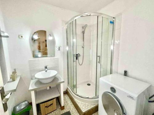 une salle de bain avec une douche, un lavabo et des toilettes dans l'établissement Joli T2 plein cœur de Wazemmes - Lille, à Lille