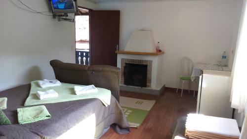uma sala de estar com uma cama e uma lareira em Recanto dos Fernandes em Monte Verde