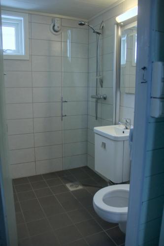 a bathroom with a toilet and a sink at Kræmmervika Rorbuer - Rustic Cabins & Hostel in Lofoten in Ballstad