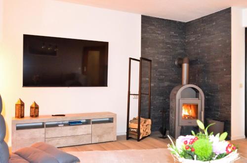 a living room with a fireplace and a tv at Ferienwohnung Soonwaldblick in Schwarzerden