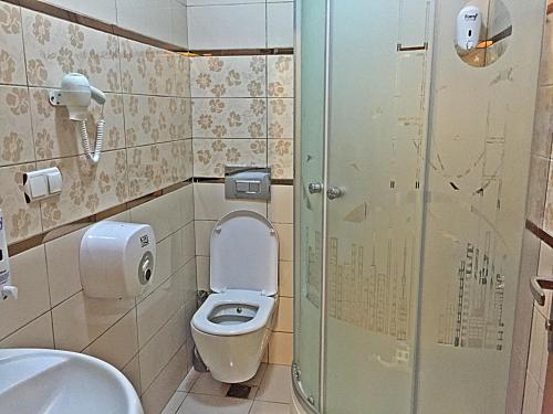a bathroom with a toilet and a glass shower at Mego Suite Otel in Uzungöl