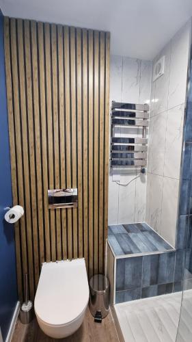 a bathroom with a toilet and a shower at Boxford Lodge - Serviced Apartment in Bracknell, near Ascot & Windsor, Free Parking in Bracknell