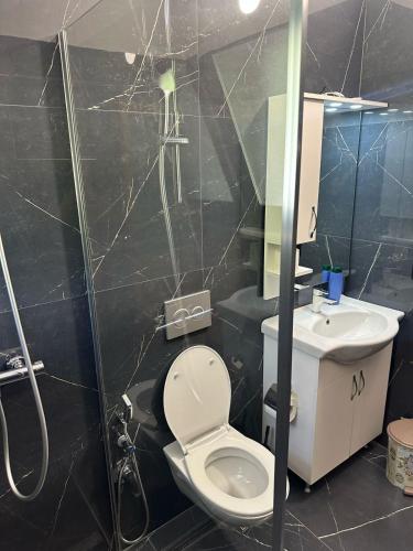 a bathroom with a toilet and a sink and a shower at Hotel Nemercka & Outdoor Sports Center in Përmet