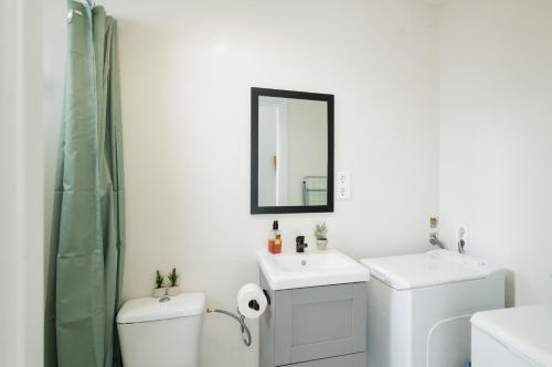 a bathroom with a toilet and a sink and a mirror at Apartament a Sant Celoni, Montseny, Barcelona in San Celoni