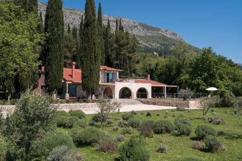 a house with a garden in front of a mountain at Vila Agava, Konavle in Gruda