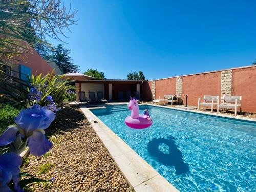 - une piscine avec un flotteur de maïs dans une cour dans l'établissement Charmante maison - piscine privée, Calme & Nature, à Mollégès