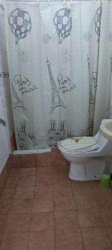 Un baño con inodoro y cortina de ducha en Alojamiento Yanira, en Valparaíso