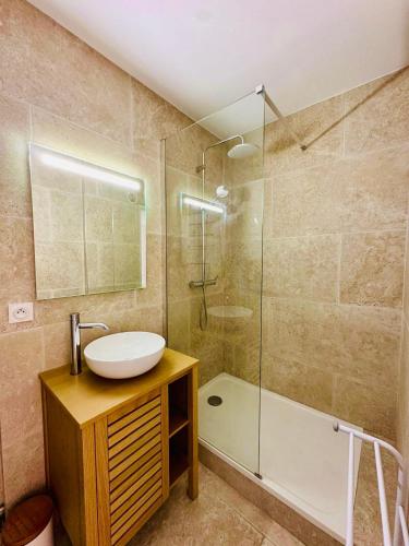 une salle de bain avec un lavabo et une douche dans l'établissement Beautiful apartment with pool, golf & beaches, à Saint-Raphaël