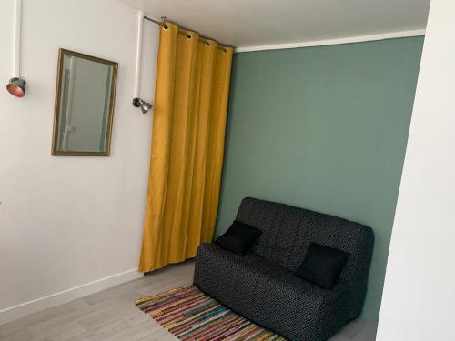 un salon avec une chaise et un miroir dans l'établissement Jolie studio meublé tout équipé, à Châlons-en-Champagne