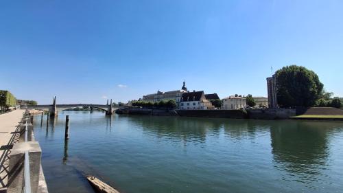 a view of a river with a bridge and buildings at Le Soleil-Levant centre-ville in Chalon-sur-Saône