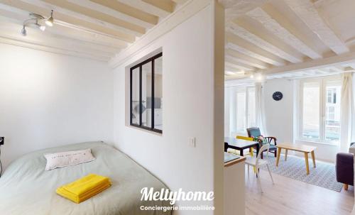 une chambre avec un lit et un salon dans l'établissement Appartement de charme hyper centre ville de Caen, à Caen