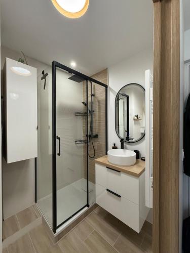 une salle de bain avec une douche en verre et un lavabo dans l'établissement L'Original, à Hyères