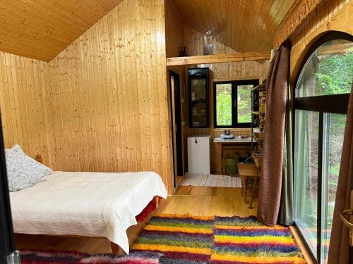 a bedroom with a bed and a sink in a room at Wolfs Den Lepsa in Lepşa