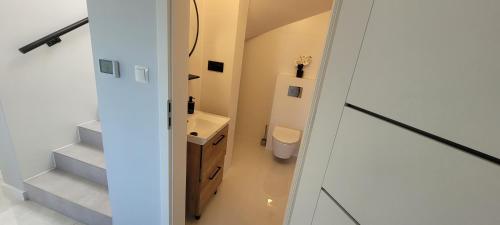 a small bathroom with a sink and a toilet at Sulidom in Sulistrowice