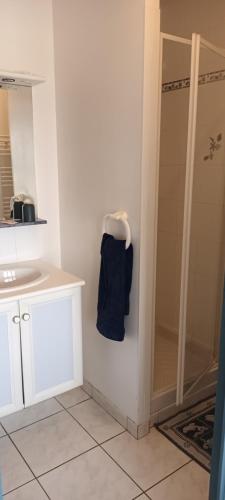 Un baño con ducha y una toalla azul. en La marine, en Le Crotoy