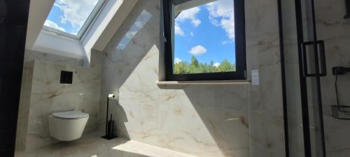 a bathroom with a window and a toilet at Sulidom in Sulistrowice