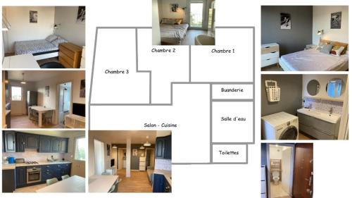 un collage de photos d'une pièce dans l'établissement Appartement 3 chambres près du CHR, à Loos