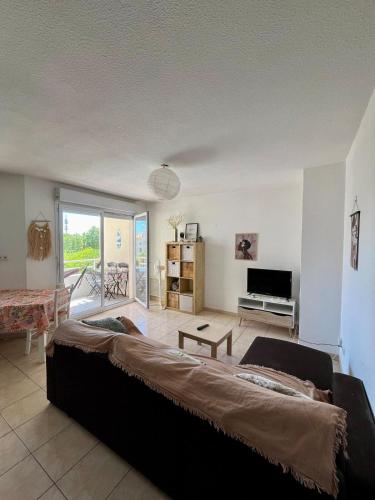 - un salon avec un grand canapé et une télévision dans l'établissement Chez Mya, à Montpellier