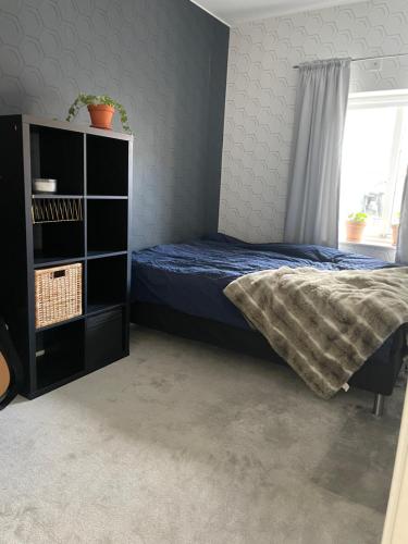 a bedroom with a bed and a book shelf at Östra Tull in Hudiksvall