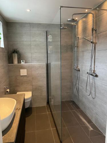 a bathroom with a shower and a toilet and a sink at Östra Tull in Hudiksvall