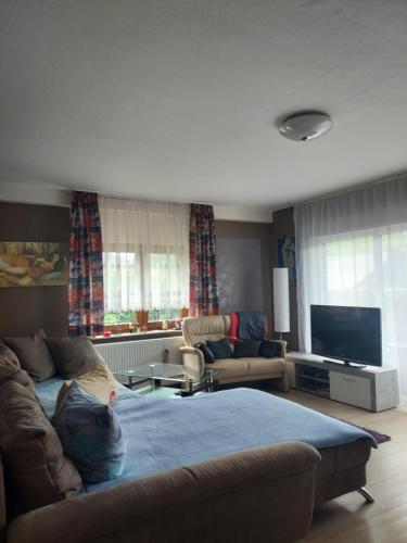 a living room with a couch and a tv at FERIENWOHNUNG Marina in Bad Ems