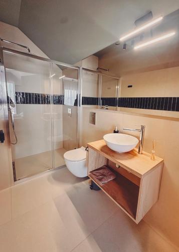 a bathroom with a sink and a shower and a toilet at Beztroska Zatoka - agroturystyka Jacuzzi & Sauna in Połajewo