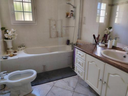 a bathroom with a tub and a toilet and a sink at Villa Dolce Barbara in Tourbes