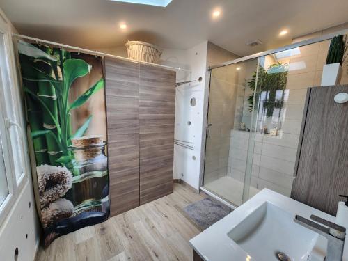 une salle de bain avec douche et lavabo dans l'établissement Maison entouré par un jardin proche Paris et Disney, à Pontault-Combault