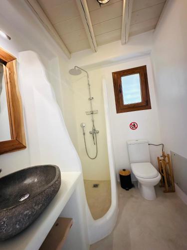 a bathroom with a sink and a shower and a toilet at Divers House in Agrari