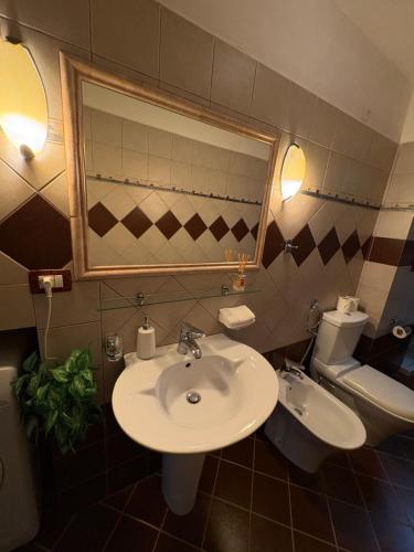 a bathroom with a sink and a toilet and a mirror at Sofia's modern apartment in Gjirokastër