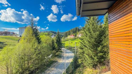 a view from the side of a house looking down a road with trees at Lion in Bukovel