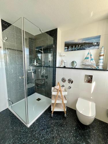 a bathroom with a glass shower and a toilet at Schlösschen am Schmachter See in Binz