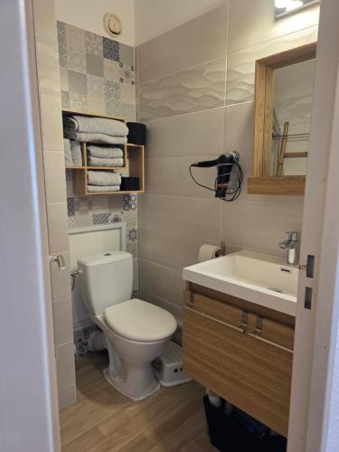 une petite salle de bain avec toilettes et lavabo dans l'établissement Arena Beach Vue incroyable Plage Clim Wifi Parking, à La Grande Motte