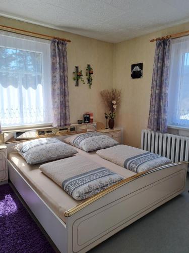 two beds in a bedroom with two windows at Pension Kaufmann Ferienwohnung "Wolke 7" in Oberwiesenthal