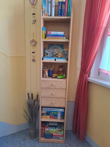 a book shelf filled with books next to a window at Pension Kaufmann Ferienwohnung "Wolke 7" in Oberwiesenthal