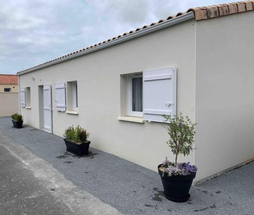 un bâtiment blanc avec des plantes en pot devant lui dans l'établissement LIL de SAND, à Bourcefranc