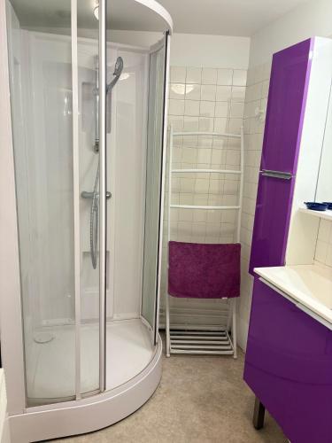 une douche avec une chaise violette dans une salle de bain dans l'établissement Appartement 7 pers - 5min de la cathédrale, à Bourges