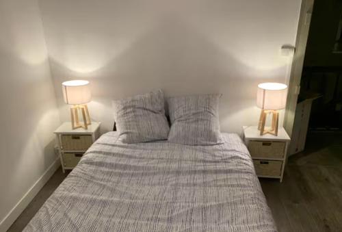 - un lit avec 2 tables de chevet et 2 lampes dans l'établissement Appartement 7 pers - 5min de la cathédrale, à Bourges