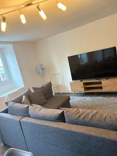 un salon avec un canapé bleu et une télévision à écran plat dans l'établissement Appartement 7 pers - 5min de la cathédrale, à Bourges