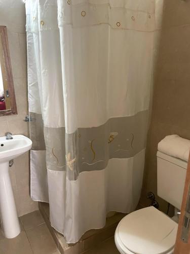 a bathroom with a toilet and a shower curtain at Habitación Independiente Azul in Azul