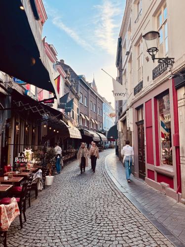 a group of people walking down a cobblestone street at Rooftop Terrace Escape in the Heart of Maastricht in Ons Belang