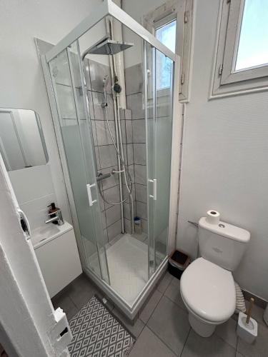 une salle de bain avec douche et toilettes dans l'établissement Studio cosy proche transports, à Aulnay-sous-Bois
