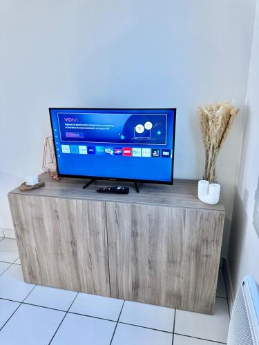 un téléviseur à écran plat posé sur un meuble en bois dans l'établissement La Suite Bellecombe, à Lyon