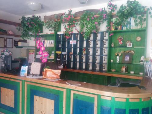 una tienda con un mostrador con libros y flores en Hotel Panorama, en Badesi