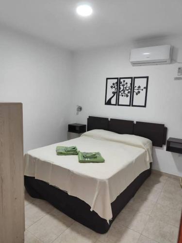 a bedroom with a bed with two green towels on it at B&Z Departamentos in Federación