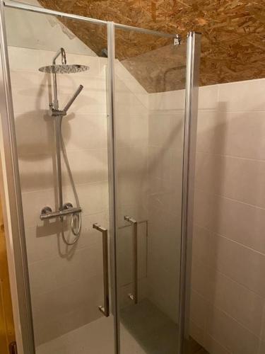 une douche avec une porte vitrée dans une salle de bain dans l'établissement Château de Gressoux, à Auxon